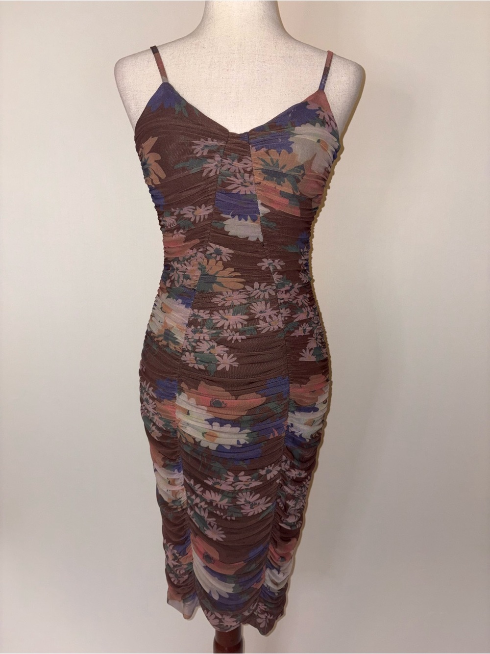 Staud Debbie Dress - Floral Ruched Mesh Bodycon Midi Dress Size Small- Brown